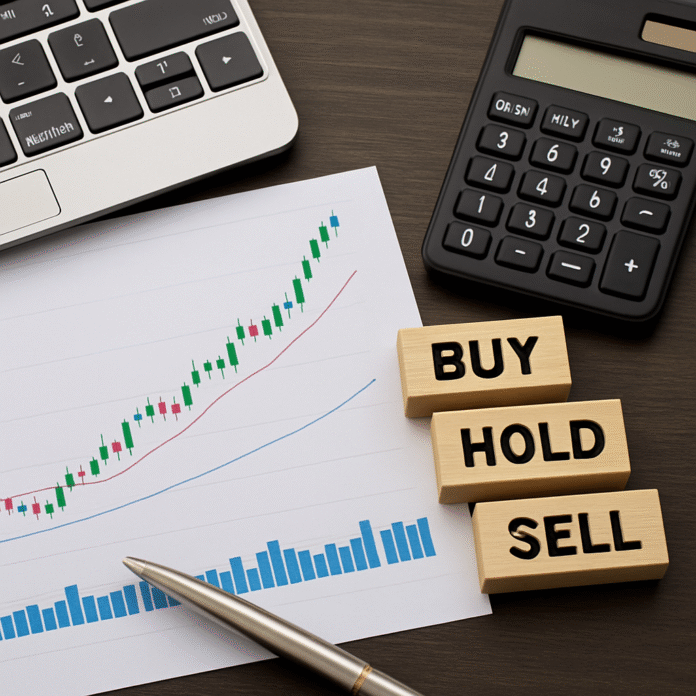 Stock chart showing Tech Mahindra’s 10-day upward trend with buy, hold, sell options.