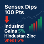 "Stock market graphic showing Sensex down 100 points, IndusInd up 5%, and Hindustan Zinc down 6%."