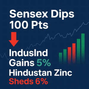 "Stock market graphic showing Sensex down 100 points, IndusInd up 5%, and Hindustan Zinc down 6%."