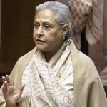 Abstract illustration of a female figure symbolizing Jaya Bachchan standing firmly in a political setting, with a sindoor box in the background, representing the cultural and parliamentary debate on women's rights in India.