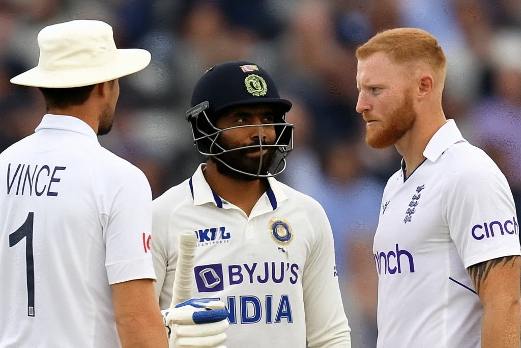 Three cricket players—Ravindra Jadeja from India facing Ben Stokes and James Vince from England—stand on the field during a tense moment in a Test match, with Jadeja holding his bat and wearing a helmet.
