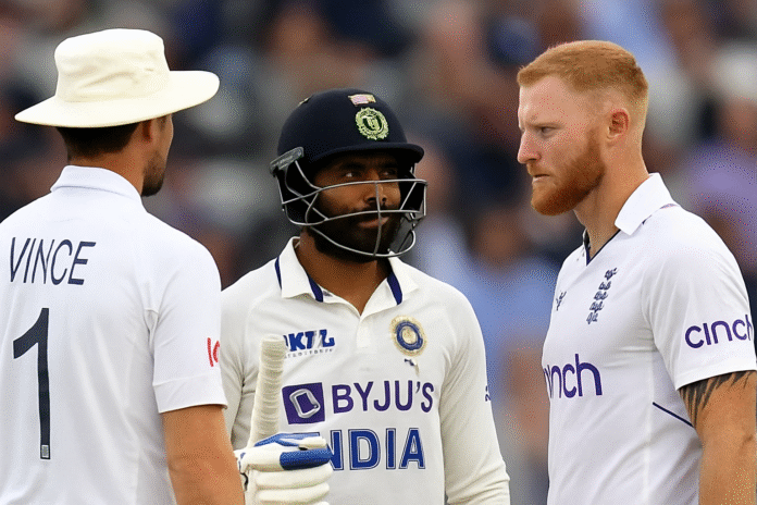 Three cricket players—Ravindra Jadeja from India facing Ben Stokes and James Vince from England—stand on the field during a tense moment in a Test match, with Jadeja holding his bat and wearing a helmet.