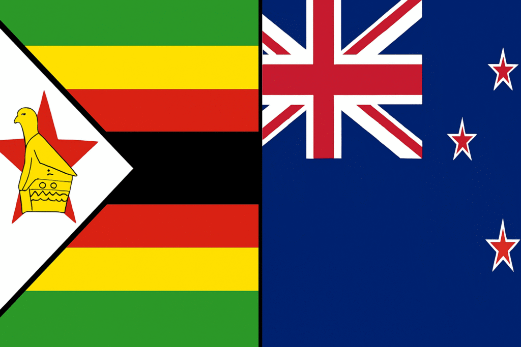 Side-by-side display of Zimbabwe and New Zealand national flags, separated by a thin black vertical line.