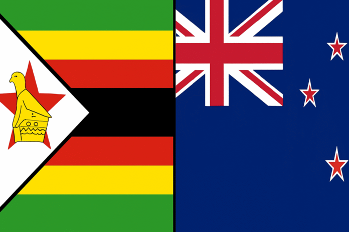 Side-by-side display of Zimbabwe and New Zealand national flags, separated by a thin black vertical line.
