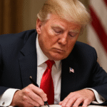 Former U.S. President Donald Trump signing a document while seated at a desk, wearing a navy-blue suit and red tie, with an American flag in the background.