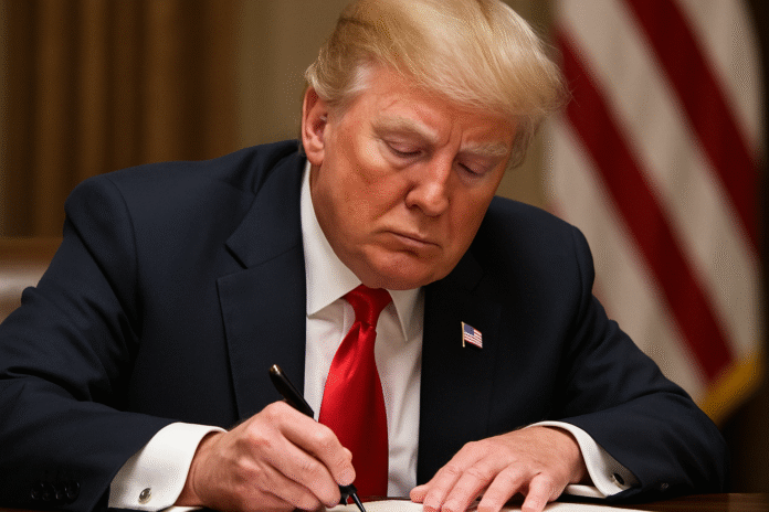 Former U.S. President Donald Trump signing a document while seated at a desk, wearing a navy-blue suit and red tie, with an American flag in the background.