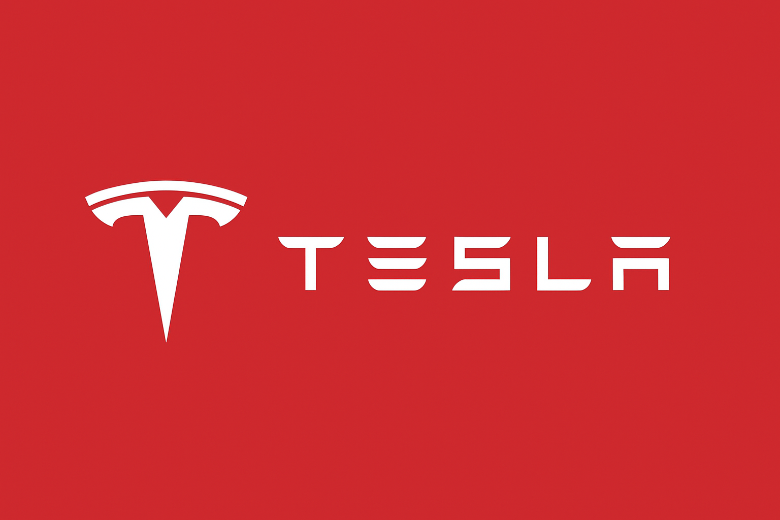 "Minimalist red Tesla logo on a white background, featuring the stylized letter T with curved top line."