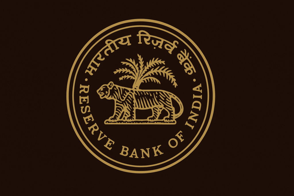 Reserve Bank of India emblem featuring a golden tiger walking past a palm tree inside a circular frame on a dark background.