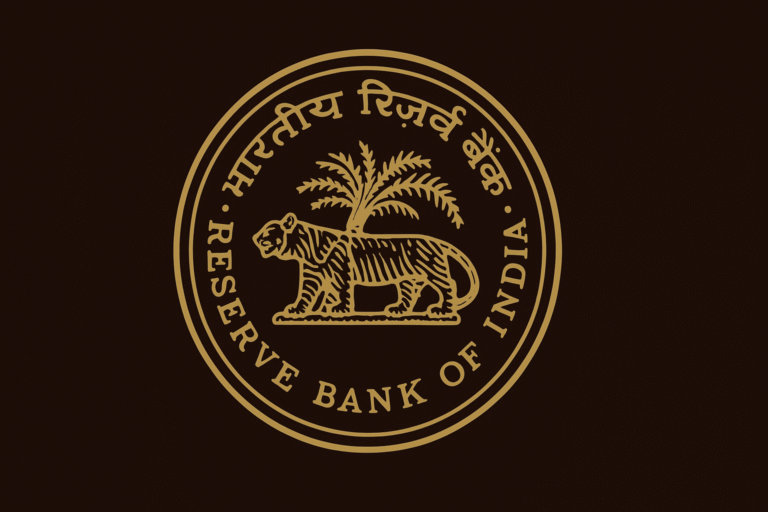 Reserve Bank of India emblem featuring a golden tiger walking past a palm tree inside a circular frame on a dark background.