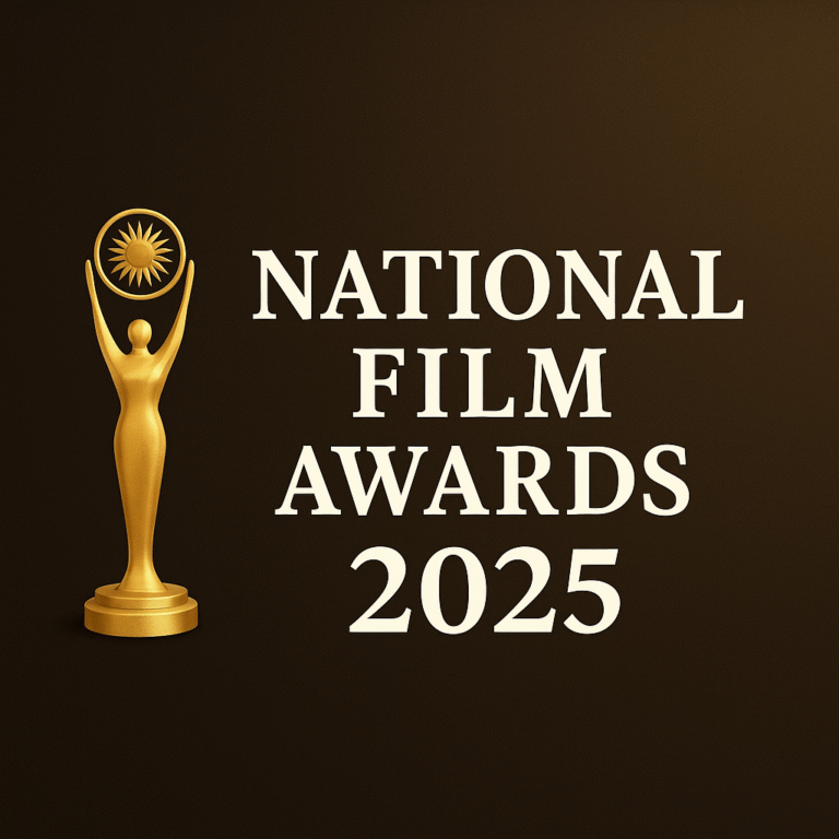 A golden trophy featuring a stylized human figure holding a sunburst stands beside the text "National Film Awards 2025" on a dark gradient background.