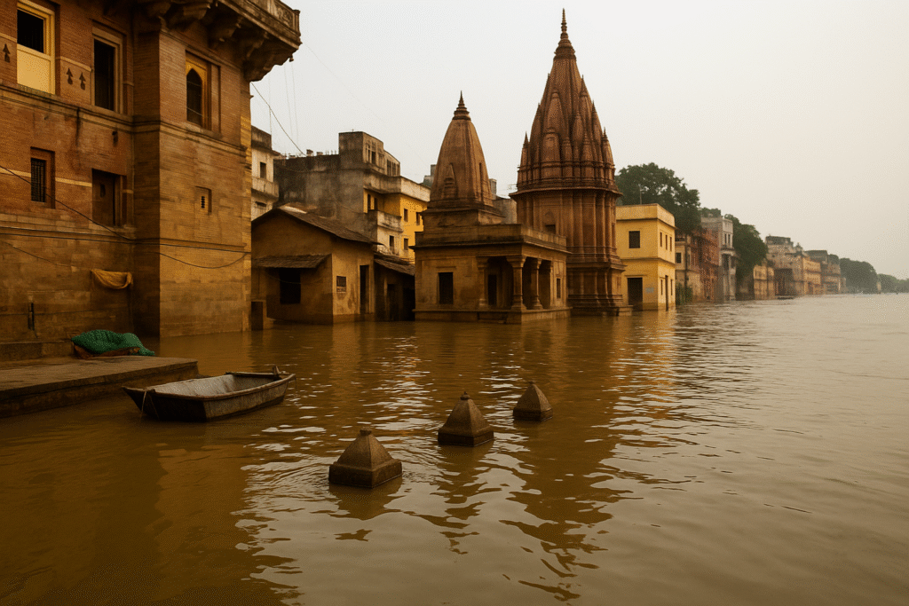 Flooded Varanasi ghats with submerged buildings and temple structures, a small boat floating in murky water, and rising Ganga levels.