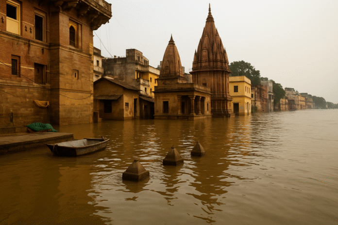 Flooded Varanasi ghats with submerged buildings and temple structures, a small boat floating in murky water, and rising Ganga levels.