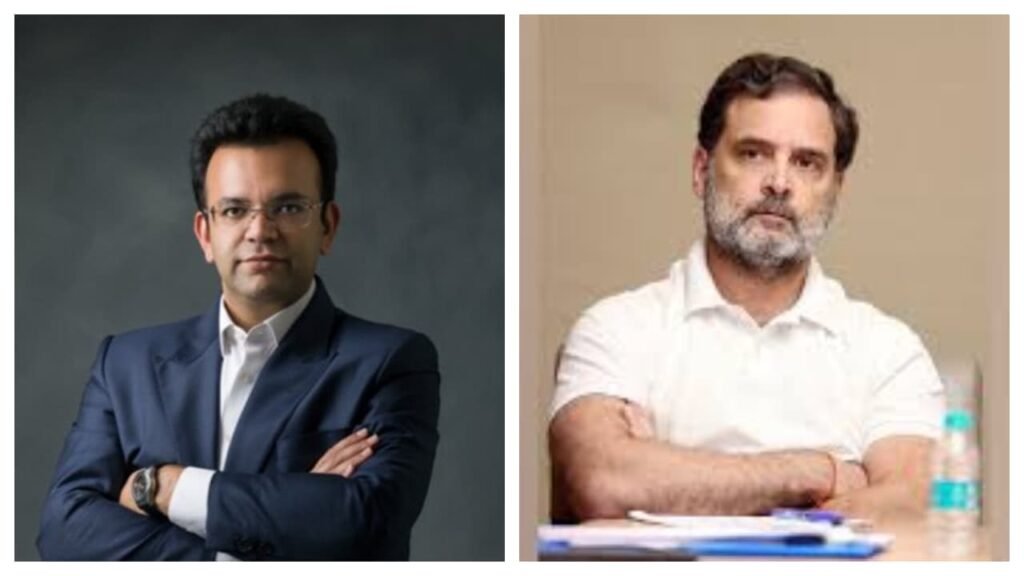 "Split-frame image of Rohan Jaitley and Rahul Gandhi facing forward, with Rohan in a black Nehru jacket and Rahul in a white shirt, both appearing serious."