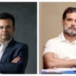 "Split-frame image of Rohan Jaitley and Rahul Gandhi facing forward, with Rohan in a black Nehru jacket and Rahul in a white shirt, both appearing serious."